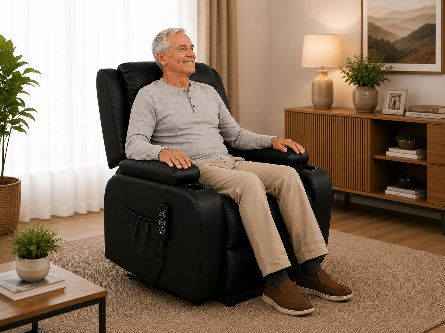 Sequência de movimentação da poltrona pós-cirúrgica motorizada: reclinar, sentar e função levantar