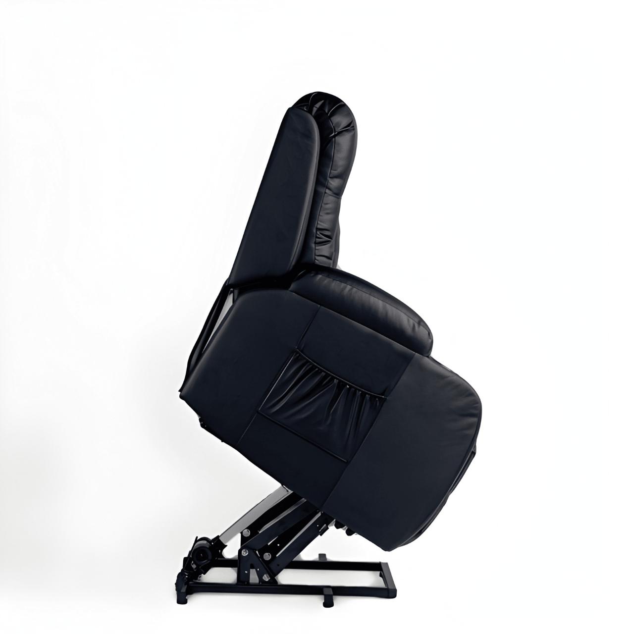 Poltrona pós-cirúrgica com função levantar, perfil lateral mostrando a base motorizada